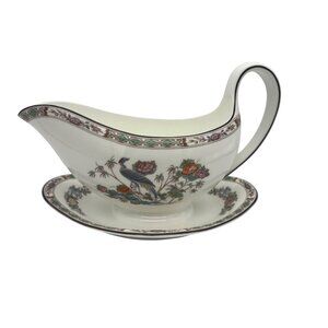 Wedgwood Kutani Crane Gravy Boat w/ Attached Underplate Bird Design England 8.5"